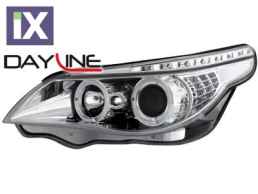 Φανάρια εμπρός angel eyes led για BMW E60 (2003-2007) - chrome , με λάμπες (Η1) - σετ 2τμχ.