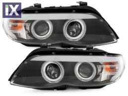 Φανάρια εμπρός angel eyes για BMW X5 (2003-2007) - black , με λάμπες (Η1) - σετ 2τμχ.