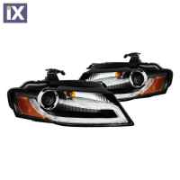 Φανάρια εμπρός με φώτα ημέρας led για Audi A4 B8 (2007-2011) -μαύρα , με λάμπες (Η1) - σετ 2τμχ.