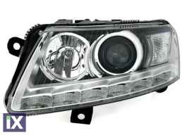 Φανάρια εμπρός για Audi A6 (2004-2007) με led φώτα ημέρας - chrome , χωρίς λάμπες (Η7) - σετ 2τμχ.