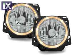 Φανάρια εμπρός angel eyes για Vw Golf II (1983-1993) - chrome , με λάμπες (Η1) - σετ 2τμχ.