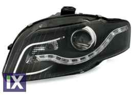 Φανάρια εμπρός led για Audi A4 B7 (2004-2008) - chrome ,μαύρα , με λάμπες (Η1) - σετ 2τμχ.